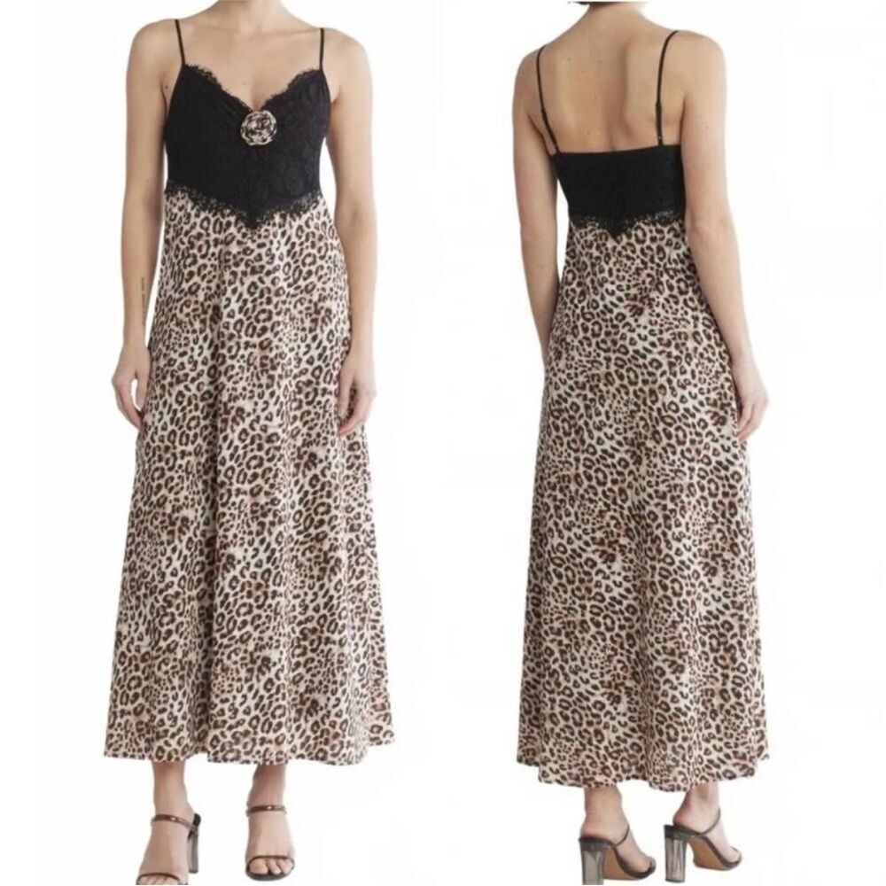 NEW Wayf Lace Trim Cheetah Print Midi Slip Dress S